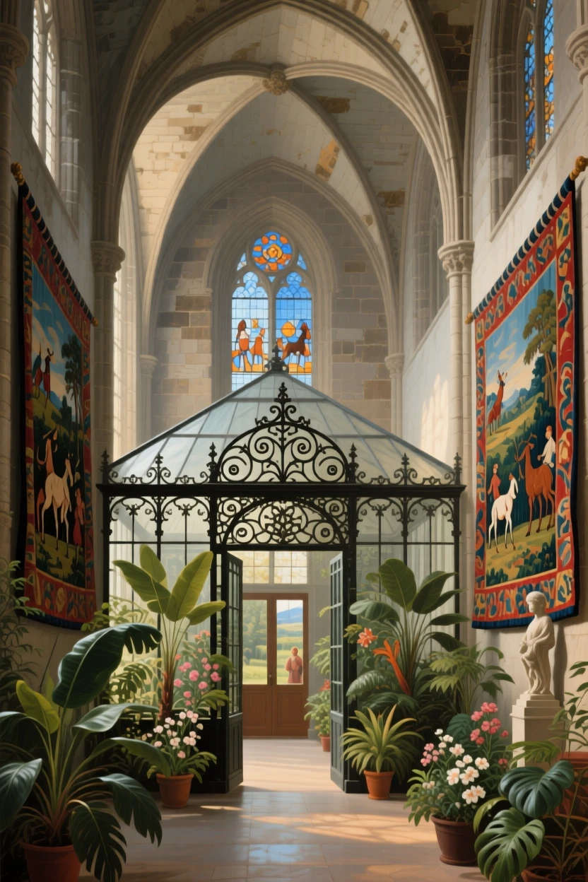 An elegant conservatory filled with exotic plants and wrought iron resonating with the faint echo of distant footsteps, set inside a centuries-old cathedral of quiet reverence, with rich tapestries depicting scenes of hunts and festivals; warm interior light contrasts with cool light spilling in from outside, filled with hushed splendor and architectural harmony.