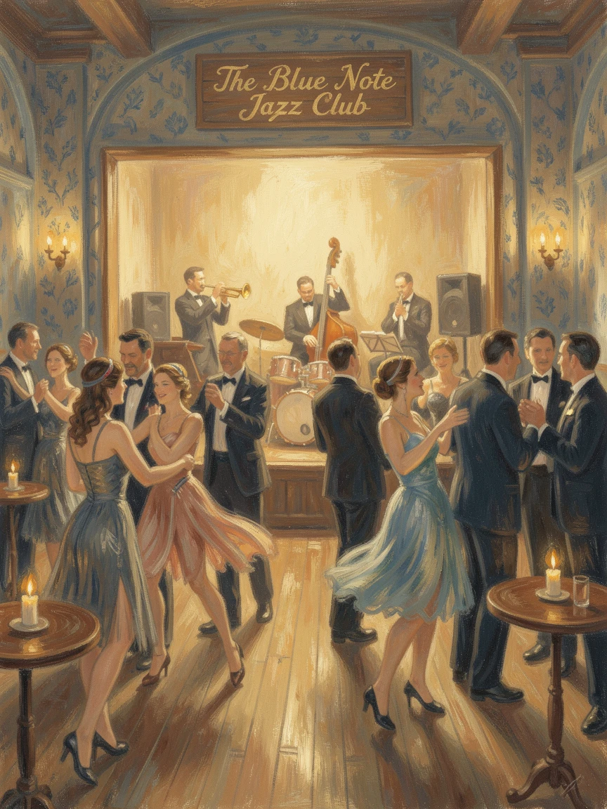 A 1920s jazz club filled with dancers, dim golden light, and a band playing on a small stage.