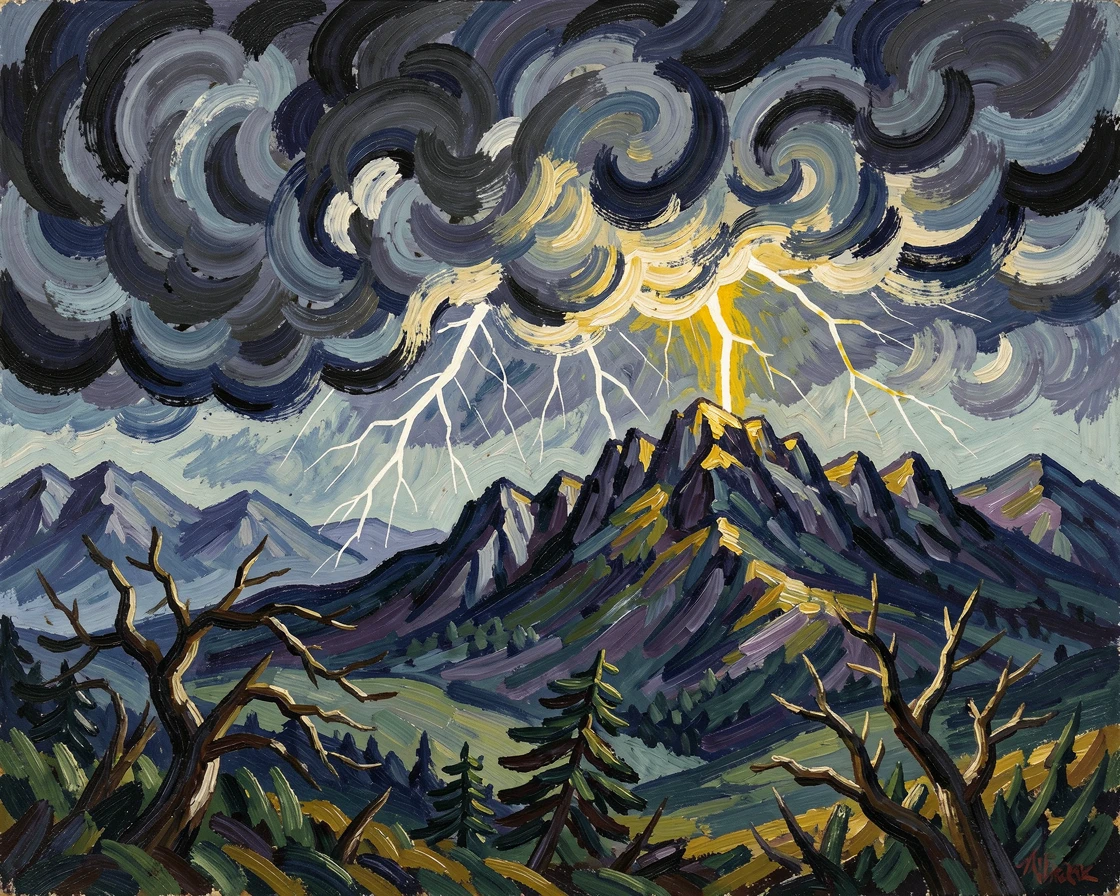 A dramatic mountain storm with lightning striking a distant ridge.