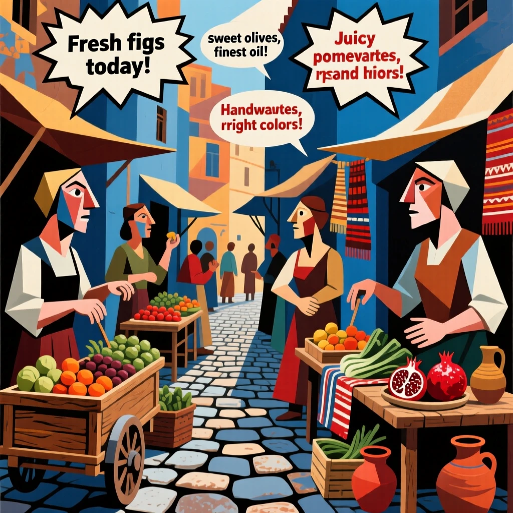 A vibrant scene of a narrow cobblestone alley bustling with vendors calling out their wares.