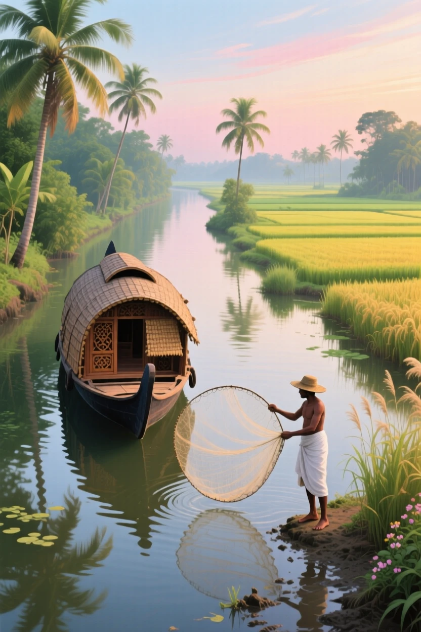 A quiet backwater canal in Kerala drifts past palm trees and rice paddies, a traditional houseboat gliding slowly, a fisherman casting a net from the shore, as a light breeze stirs the surrounding vegetation and carries the scent of damp earth.