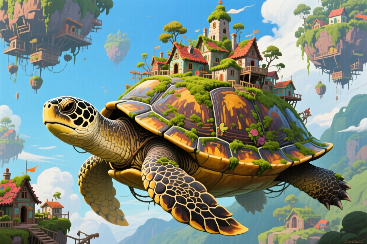 A giant turtle carrying an entire floating village on its ancient, moss-covered shell