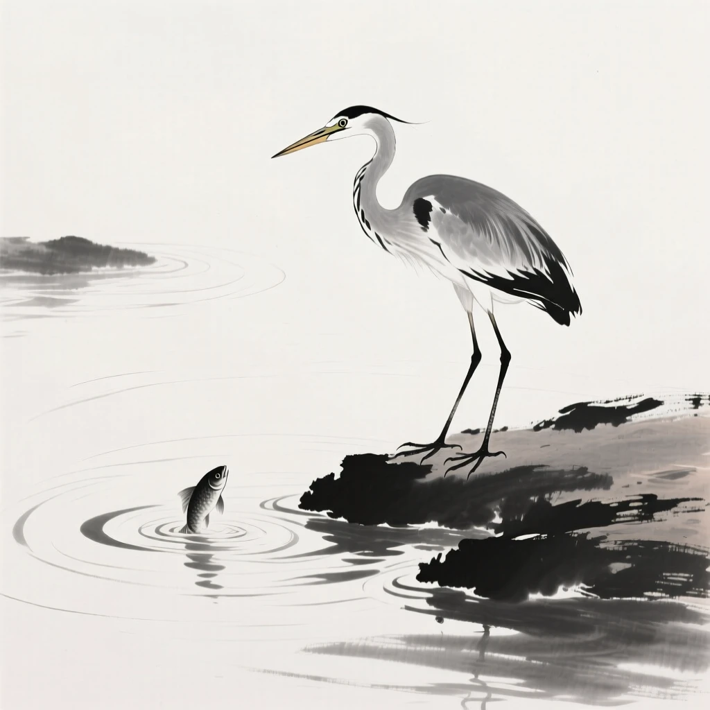 A heron stands poised to strike at fish in a shallow stream, as ripples spread slowly across the water.