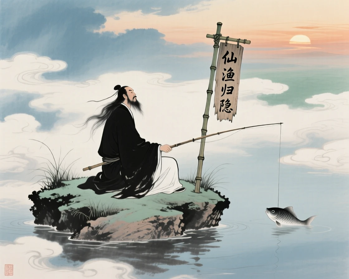 An immortal fisherman casting a line from a floating island in the clouds, at dusk.