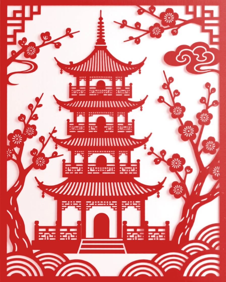 A pagoda, framed by blossoming trees in full spring bloom, its carved railings catching the last light.