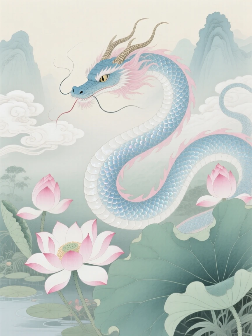A cloud serpent with pearlescent scales above blooming lotus flowers in an otherworldly garden