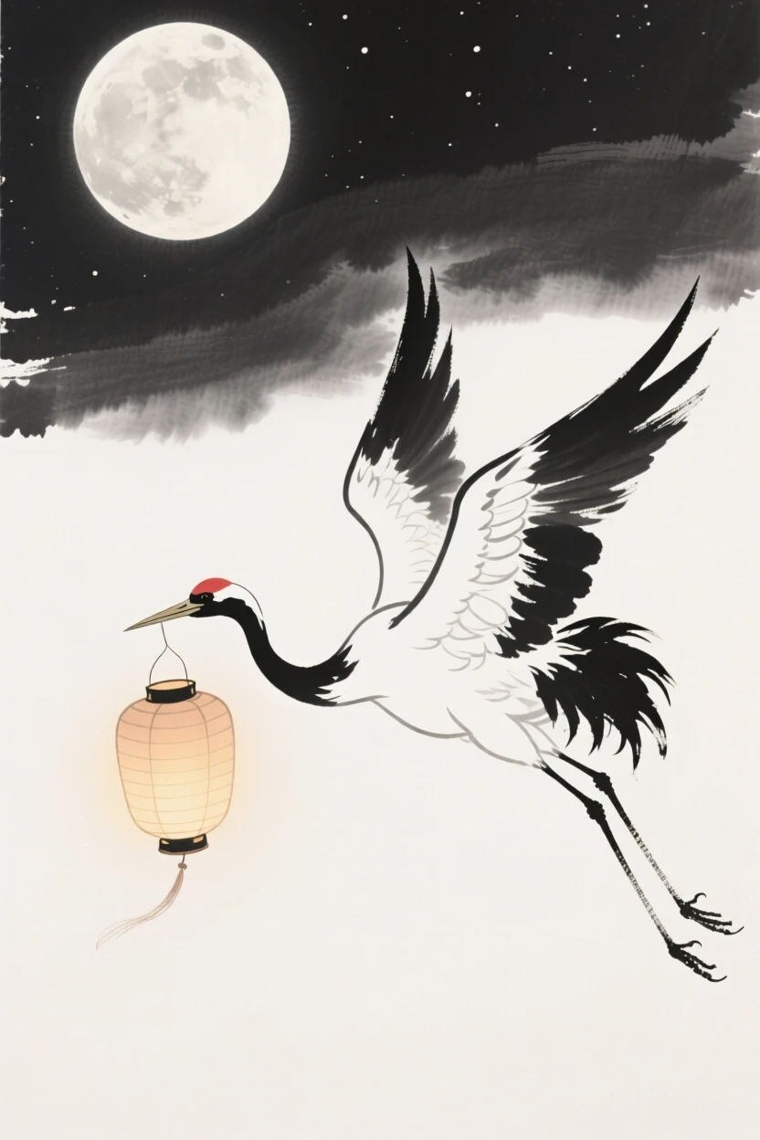 A celestial crane carrying a lantern through the night sky beneath the glow of a full harvest moon, captured mid-motion with flowing, graceful lines, conveying graceful power and serene majesty.