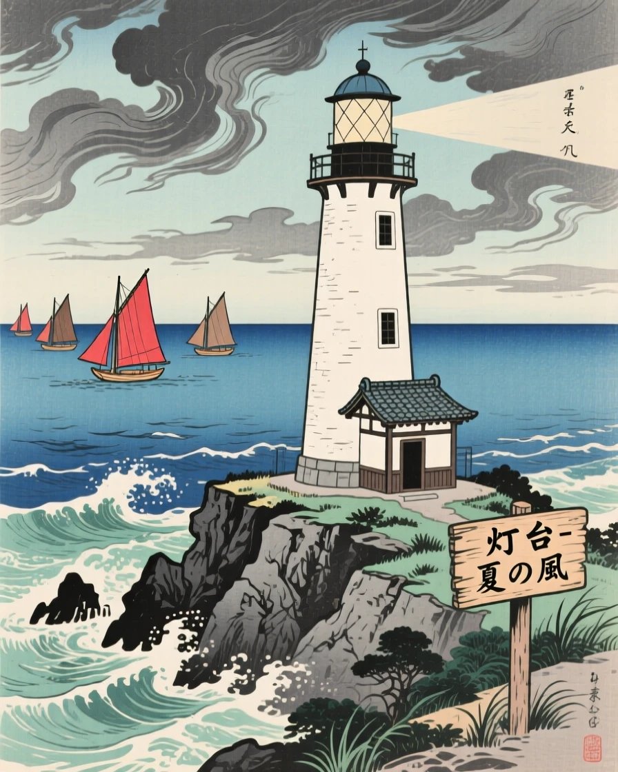 A lighthouse on a stony point with distant sails on the horizon, during a summer storm.
