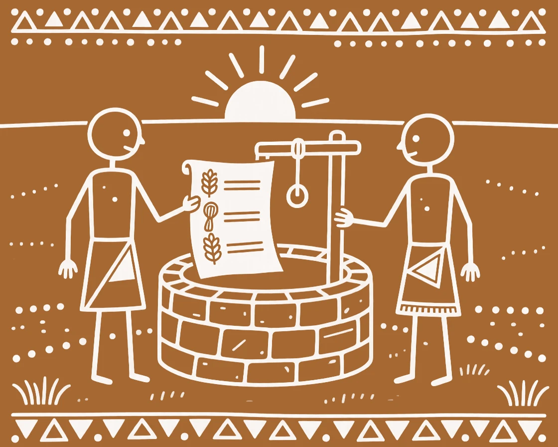 Twin brothers passing on a family recipe near a well at sunrise.