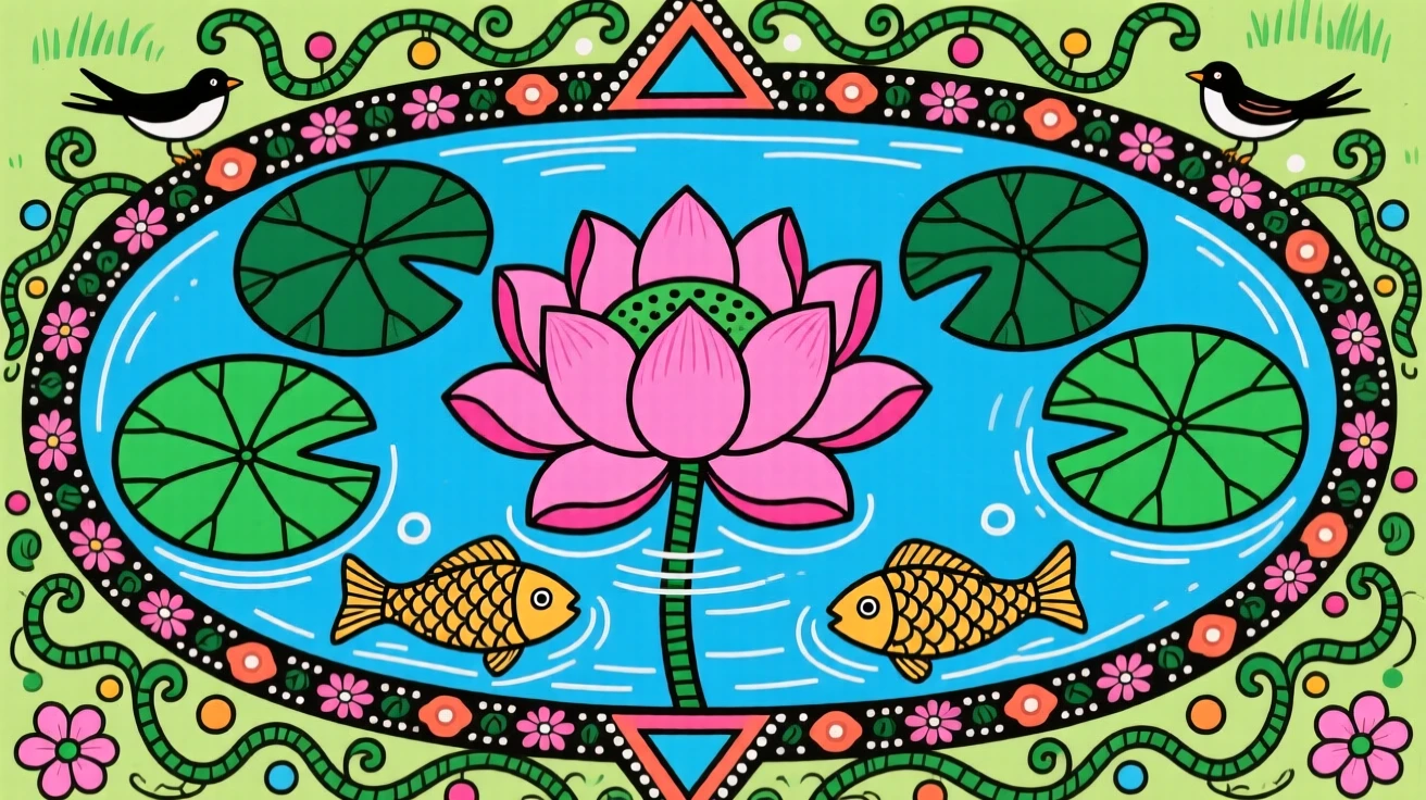 A pink lotus blooming fully at the center of a still village pond.