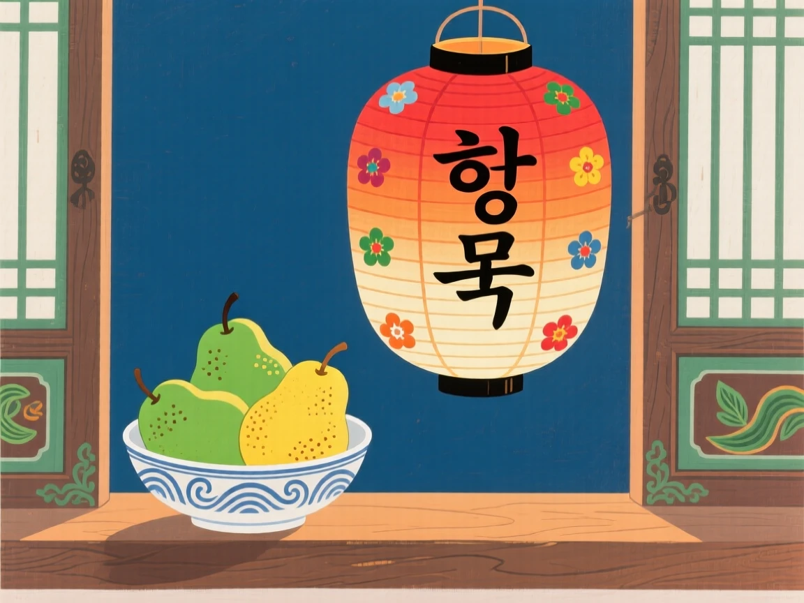 A bowl of fresh pears beneath a paper lantern on a windowsill.
