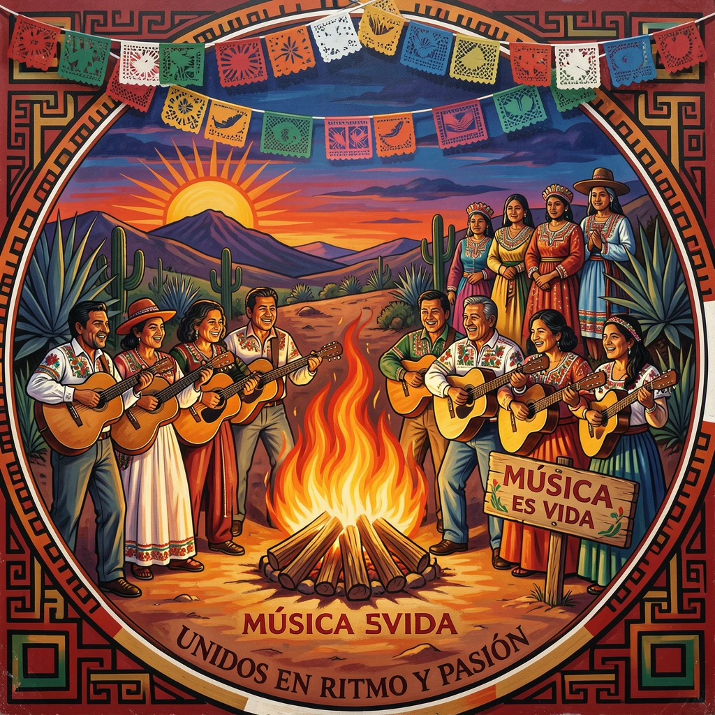 A group of musicians playing guitars around a bonfire