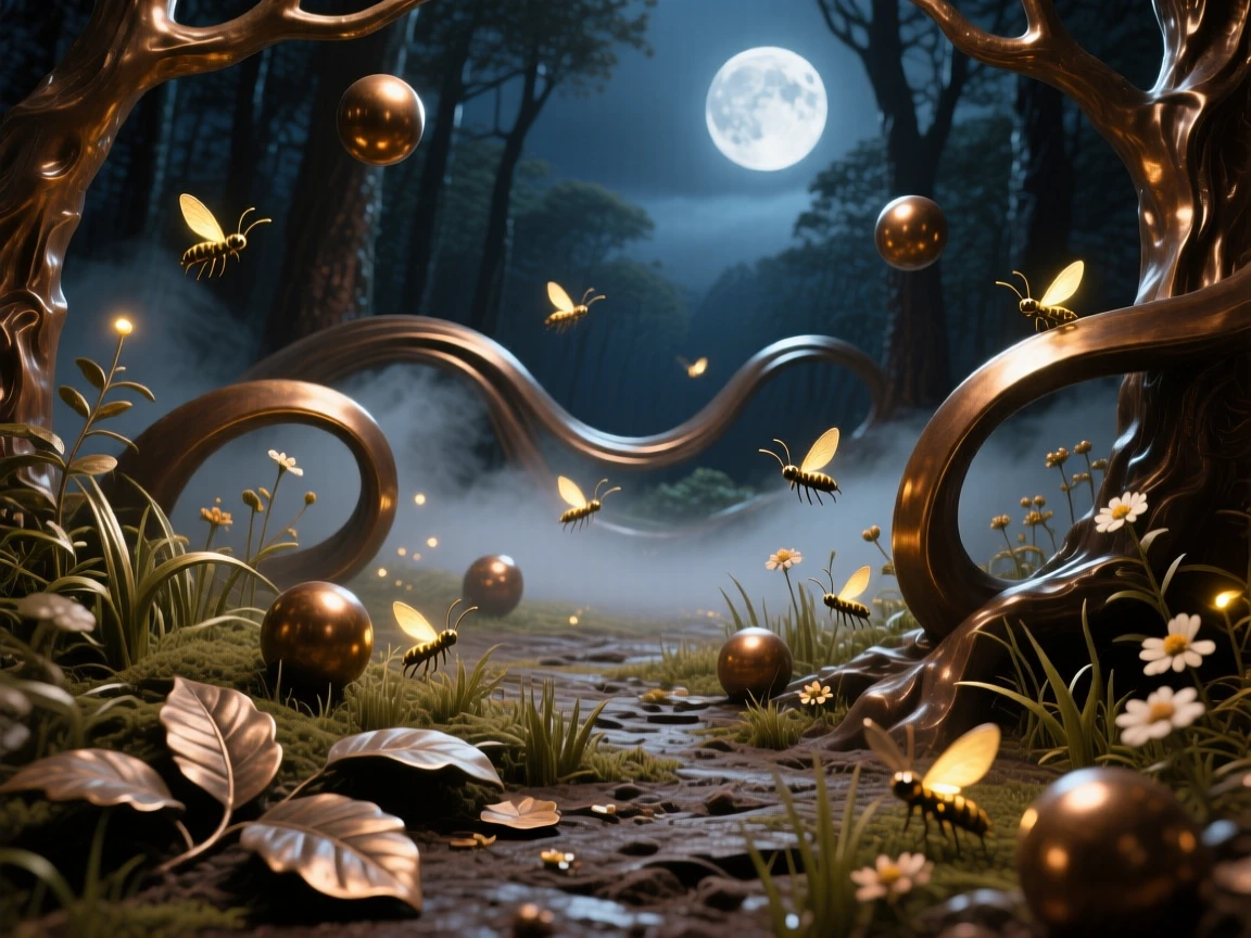A moonlit forest clearing filled with fireflies, with soft mist adding a dreamlike quality, offering a breathtaking sense of place
