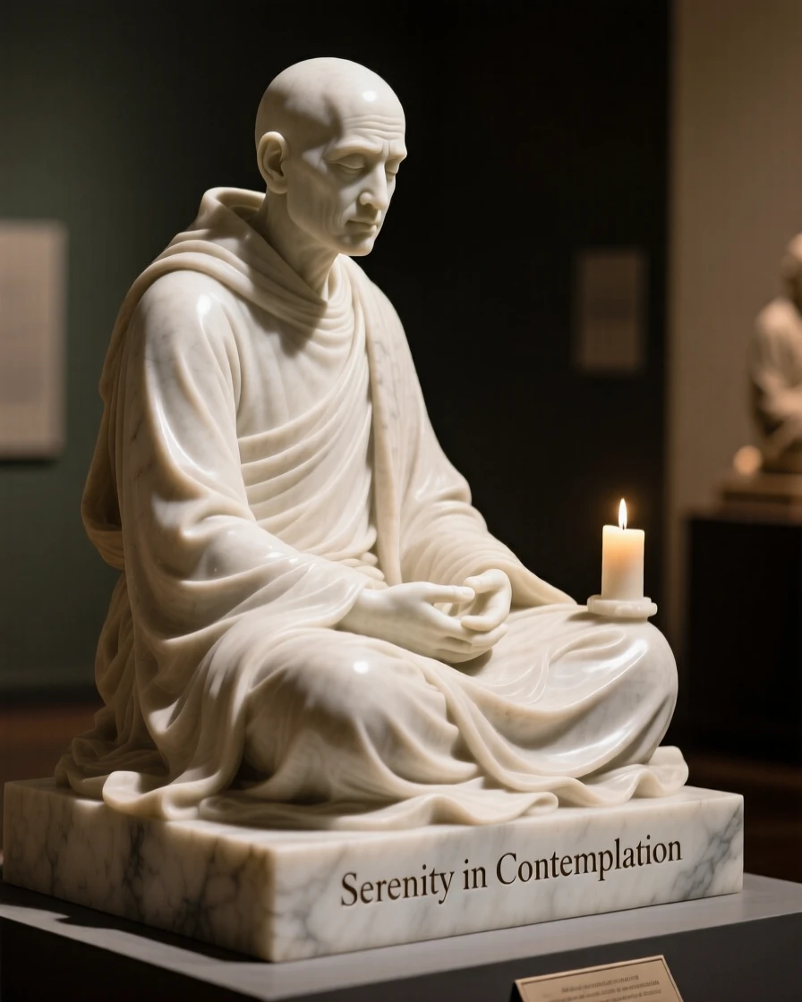 A tender portrait of a monk in quiet meditation, turning to look over one shoulder, framed by soft candlelight, evoking warmth and humanity