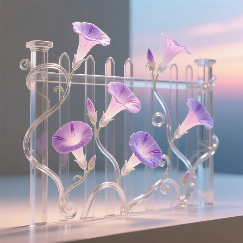 Morning glories climbing a fence swaying gently in a light breeze under a pastel sky at dusk, dreamy and peaceful atmosphere.