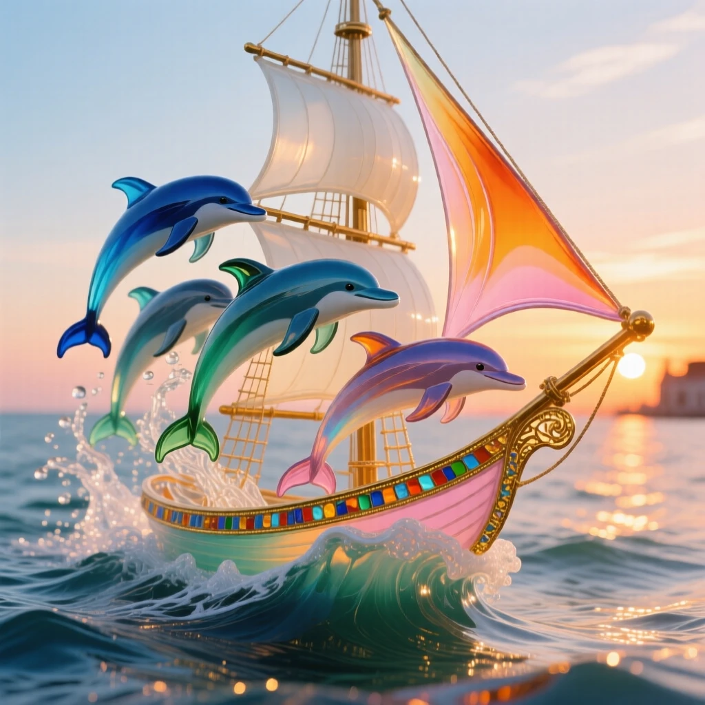A group of dolphins riding the bow wave of a sailing ship at sunset, joyful and free.