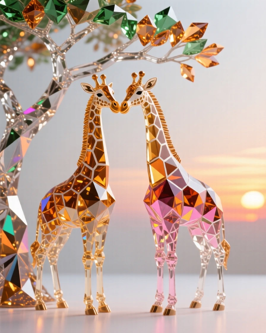 A pair of giraffes gently touching necks beneath an acacia tree at sunset.