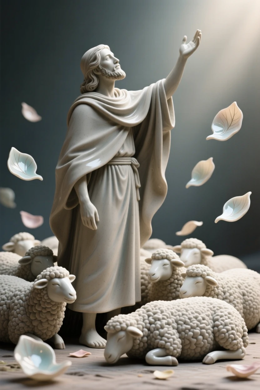 A shepherd watching over a resting flock reaching upward as if toward the light, surrounded by softly falling petals, conveying quiet dignity and timeless beauty.