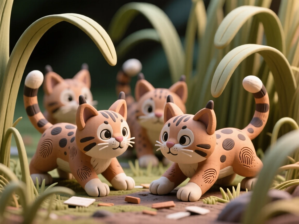 A litter of lynx kittens play-stalking through tall grass