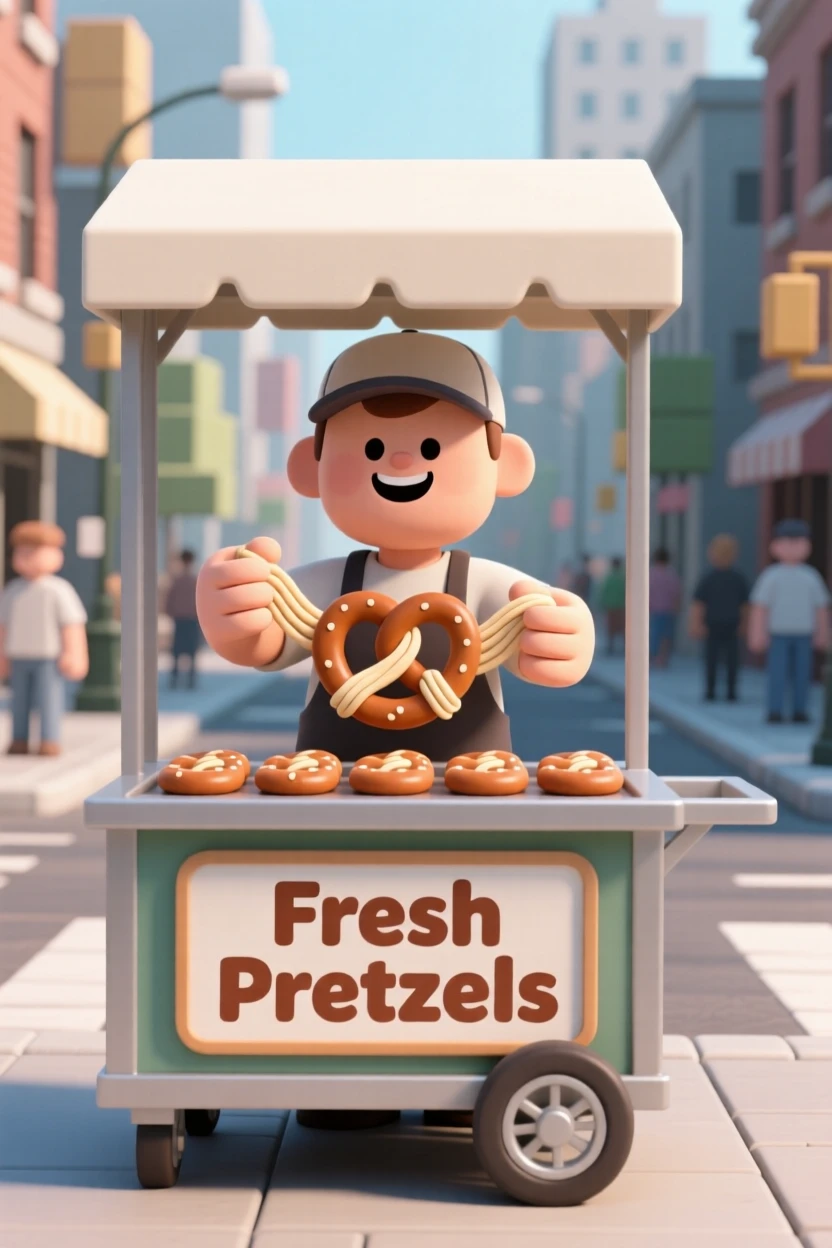 A cheerful pretzel vendor twists warm dough into golden knots at a bustling city street cart.