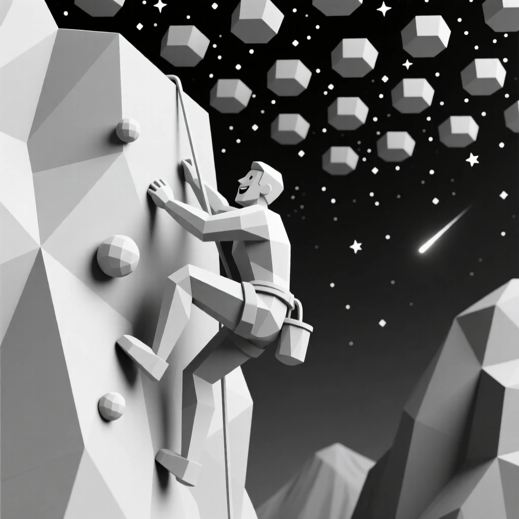 A rock climber scaling a dramatic cliff face, beneath a canopy of stars. natural light enhances the vibrant colors of the scene. The moment radiates confidence and joy.