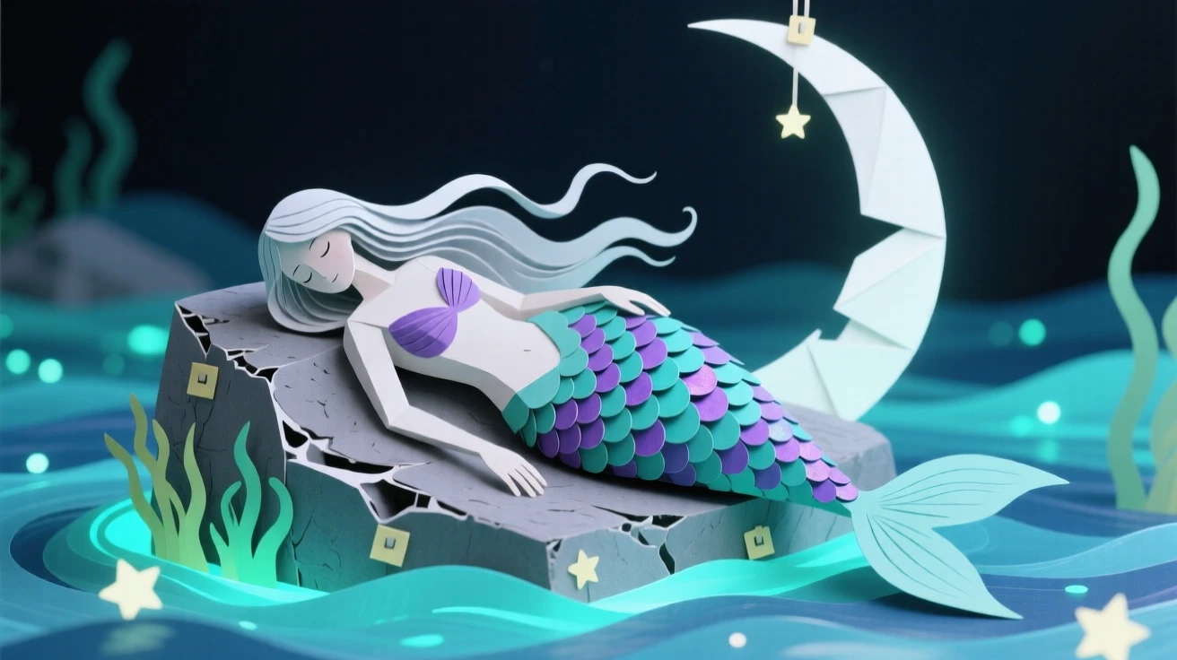 A mermaid resting on a moonlit rock at the edge of a glowing bioluminescent sea, her scales shimmering in shades of teal and violet, evoking otherworldly beauty.