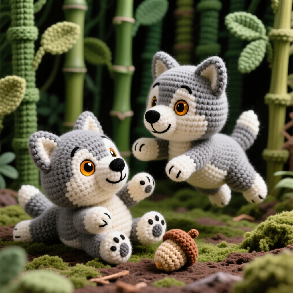 a fluffy baby wolf pup, with soft grey fur and round amber eyes, tumbling playfully with a sibling, set in a lush bamboo grove, with a fallen acorn resting beside its paw, evoking cheerful energy and boundless enthusiasm.