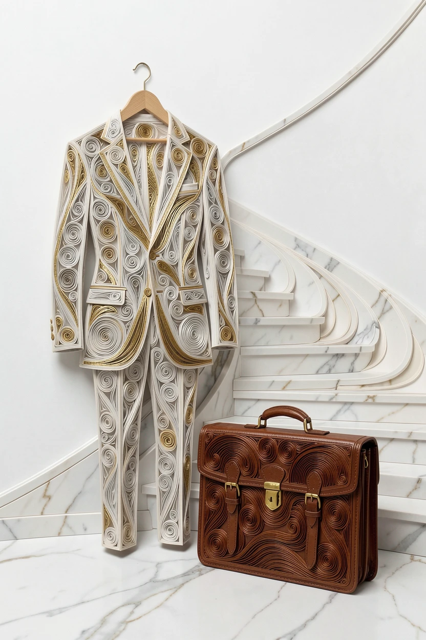 a tailored suit hanging beside a leather briefcase, beside a sweeping marble staircase, arranged with refined, minimalist negative space, with a subtle metallic gold shimmer.