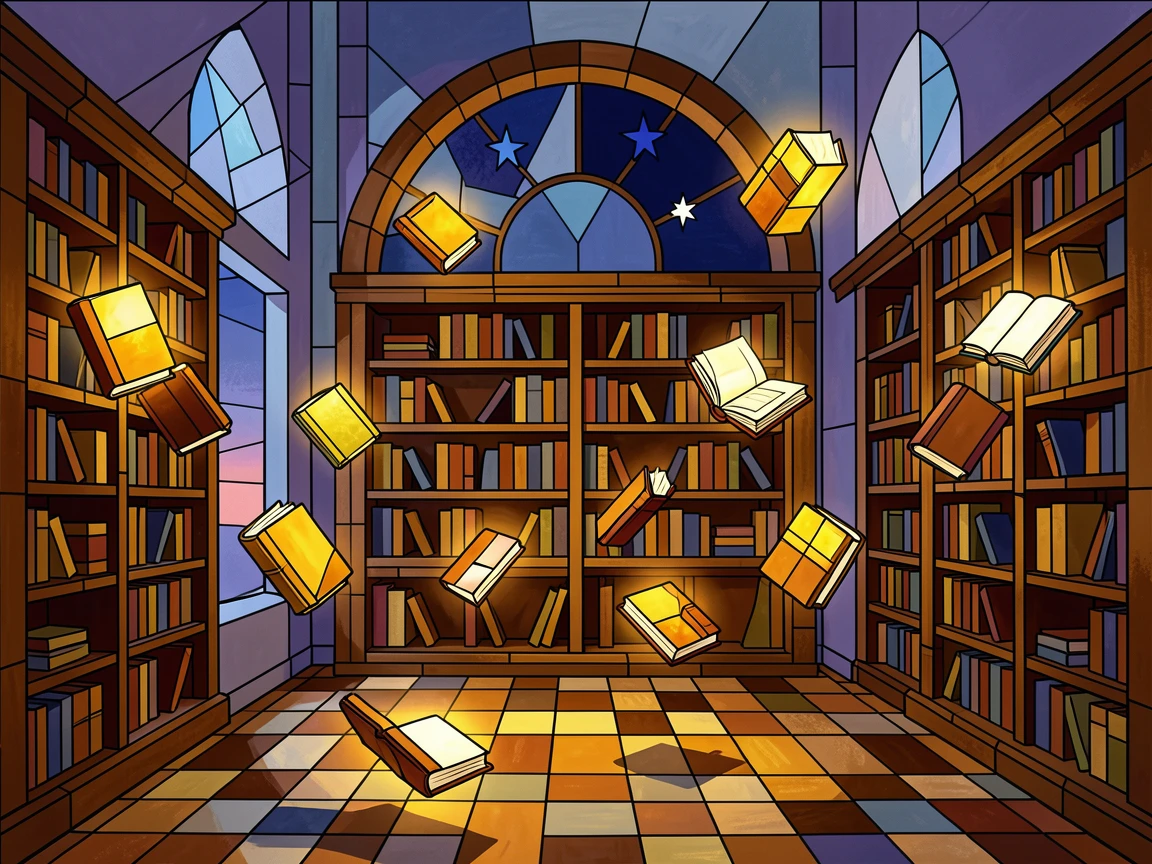 An enchanted library filled with floating glowing books.