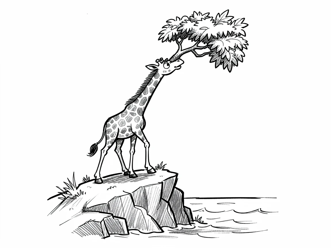 A giraffe reaching for treetop leaves on a rocky coastal cliff.
