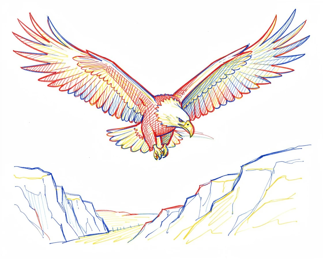 A majestic bald eagle soaring above a rugged coastline with wings fully spread