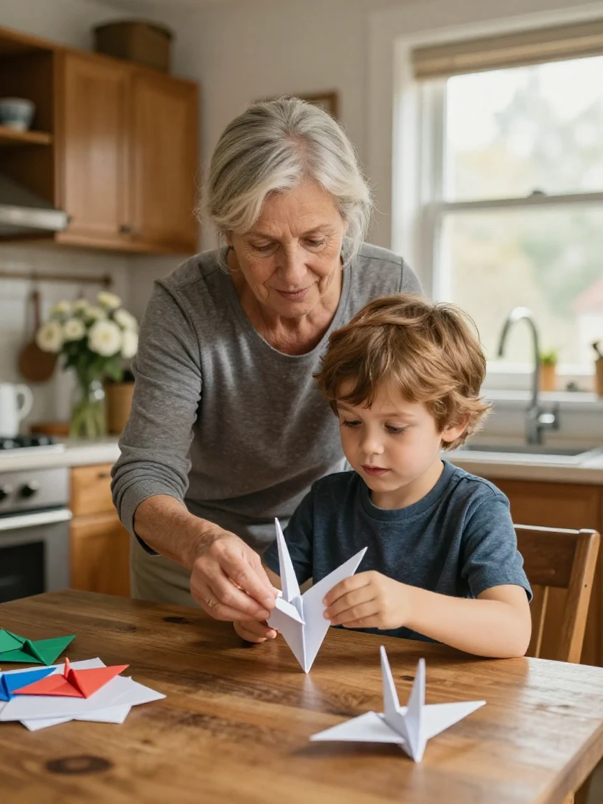 A grandmother teaches her grandson to fold an origami crane at the kitchen table.
