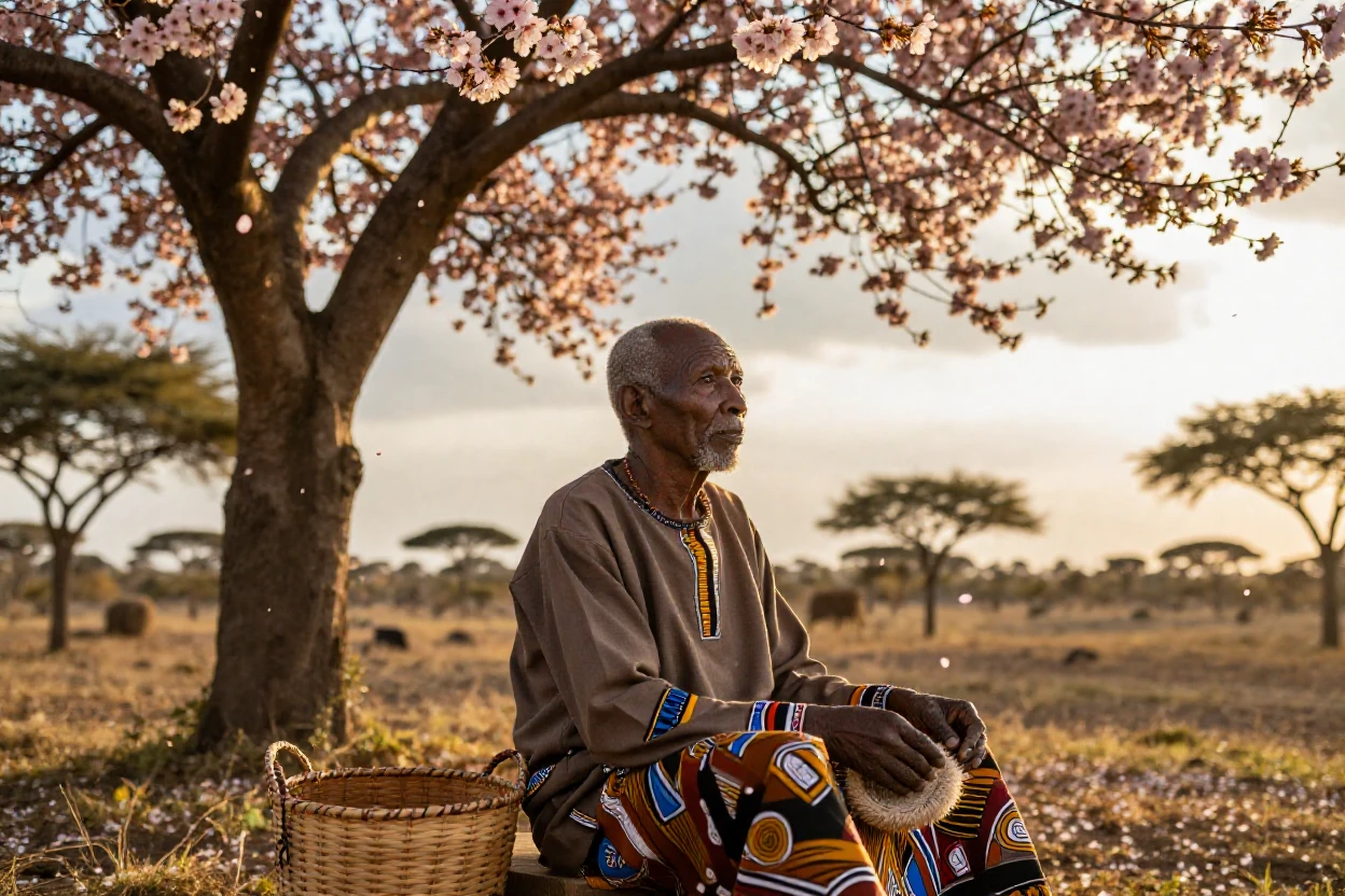 An elderly Kenyan weaver gazing thoughtfully at the horizon beneath a blossoming cherry tree