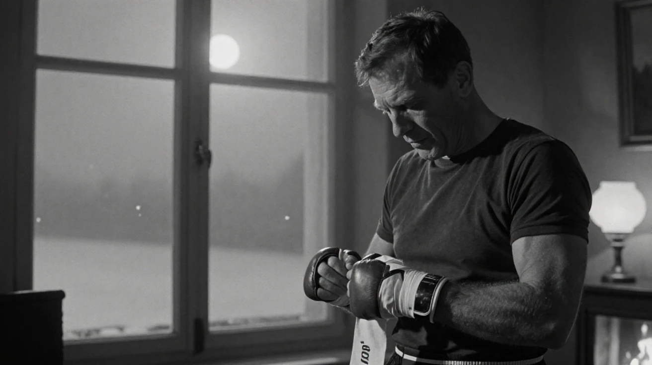 A retired boxer wrapping his hands before an early morning run, under moonlight, in thick rolling fog, under the first snow of winter, with stark black-and-white contrast softened by a single warm hue, viewed from across the room.