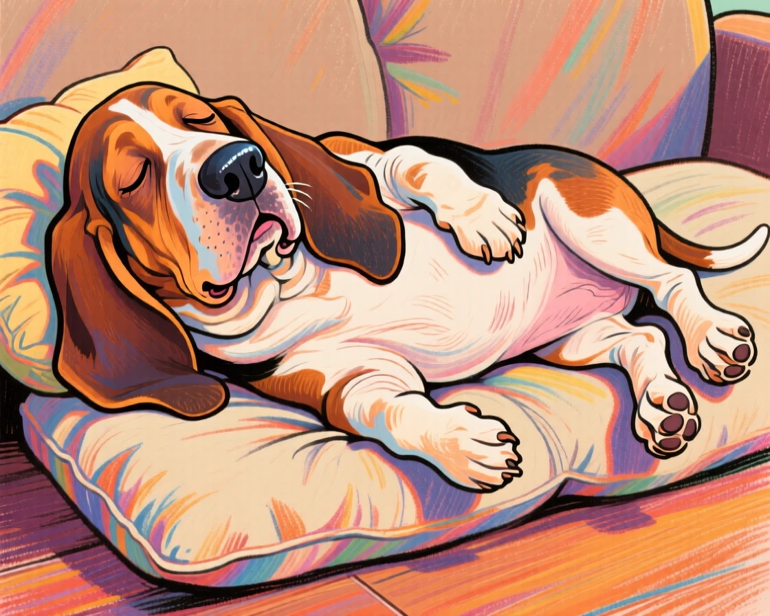 A sleepy basset hound with droopy ears sprawled belly-up on a couch cushion.