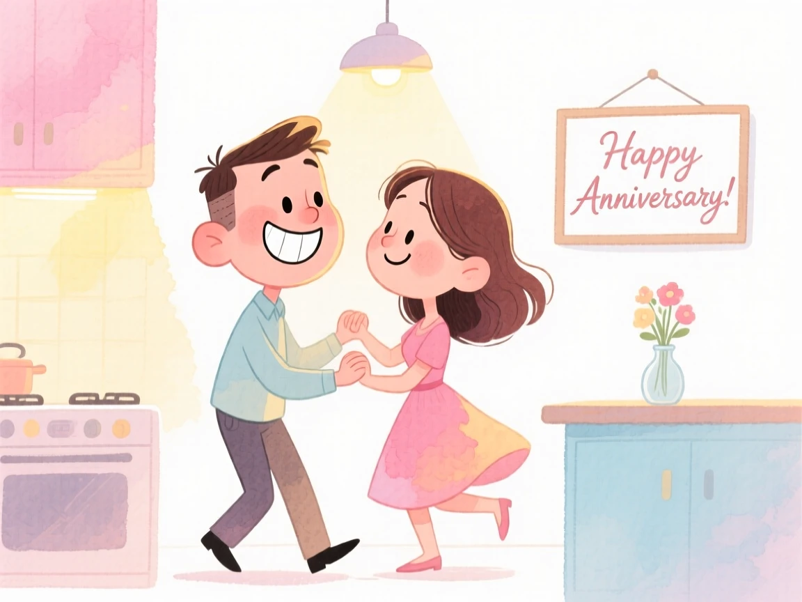 A couple celebrating their anniversary slow dancing in a softly lit kitchen