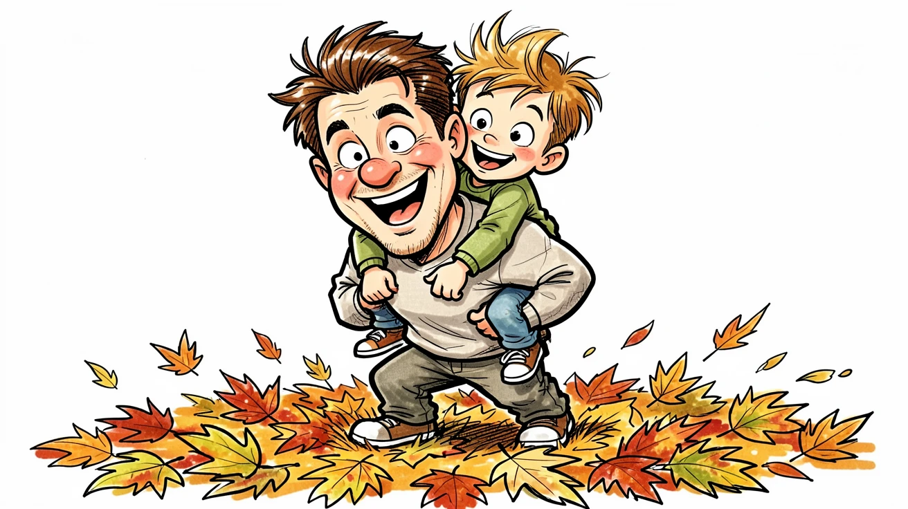 [Family & Relationship Moments] Heartwarming scene of a dad piggybacking his son through crunchy autumn leaves, radiating love and warmth