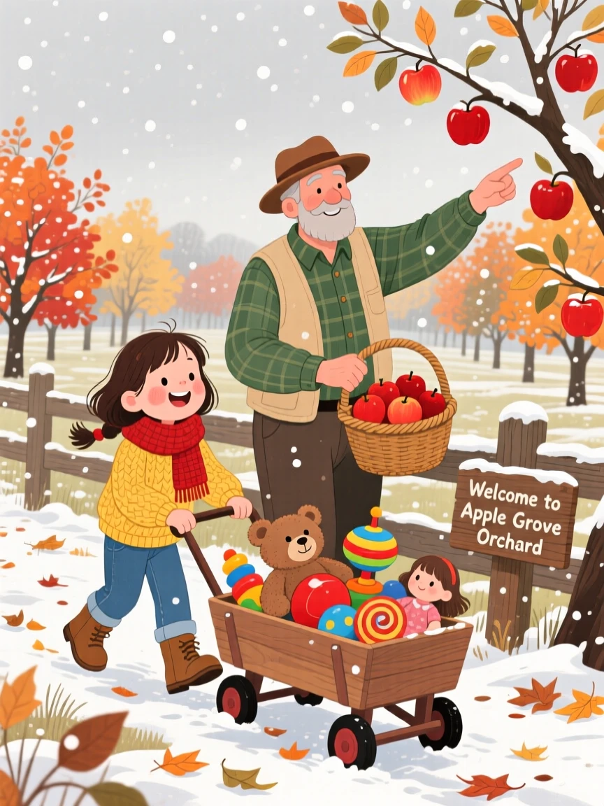 A girl with a wagon full of toys spends the afternoon picking apples in an orchard with his kind uncle, while soft snow falls outside.