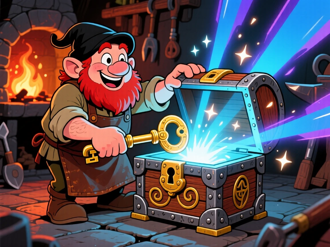 A dwarf blacksmith unlocking a treasure chest glowing with magic light.
