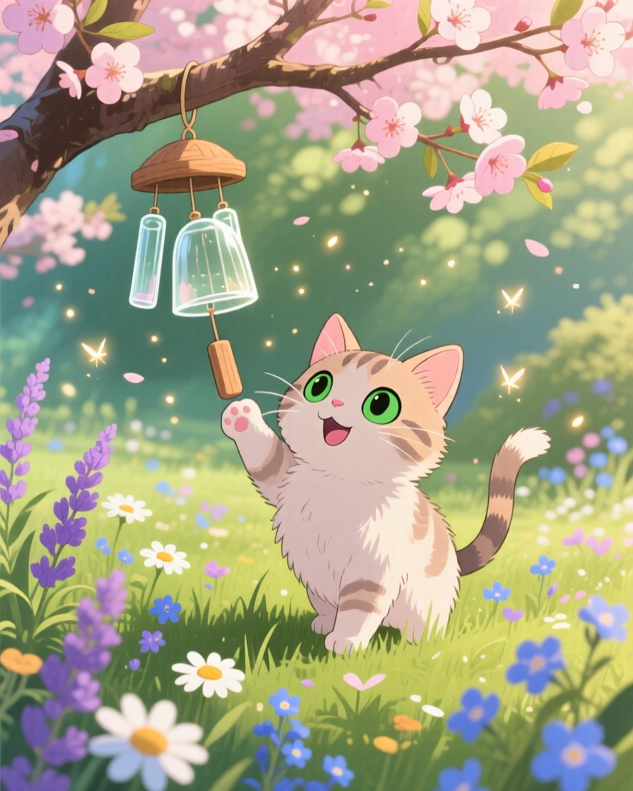 A kitten batting at a dangling wind chime, surrounded by scattered wildflowers, radiating pure charm.
