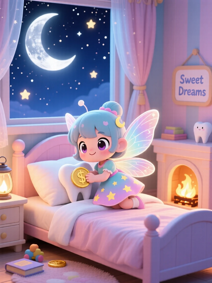 A tooth fairy tucking a coin under a pillow with a wink in a moonlit child's bedroom under a starry midsummer night sky; cozy firelight washes over the scene as triumphant pride fills the moment. Low-angle shot looking up.