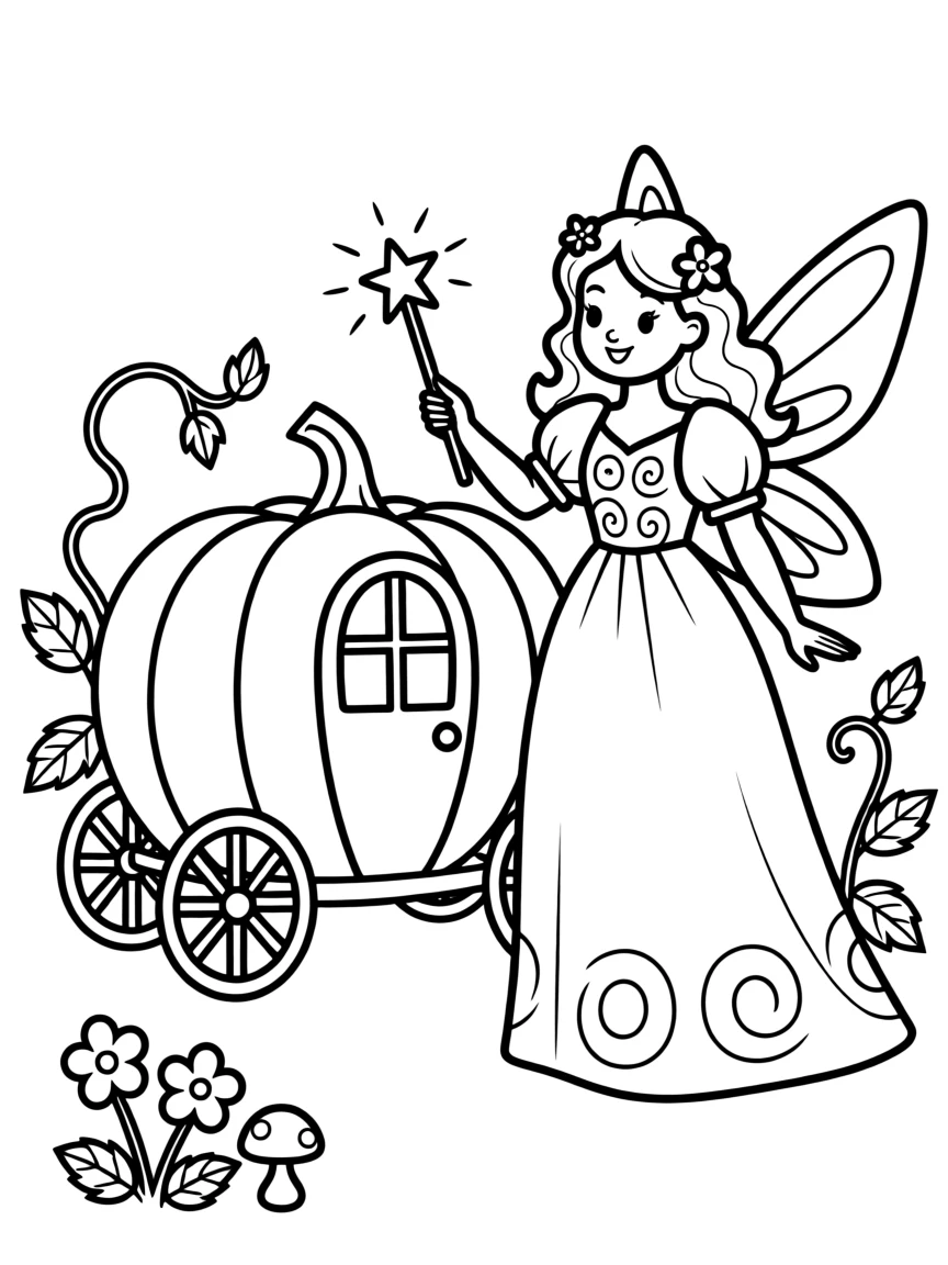 A fairy godmother waving her wand over a pumpkin carriage