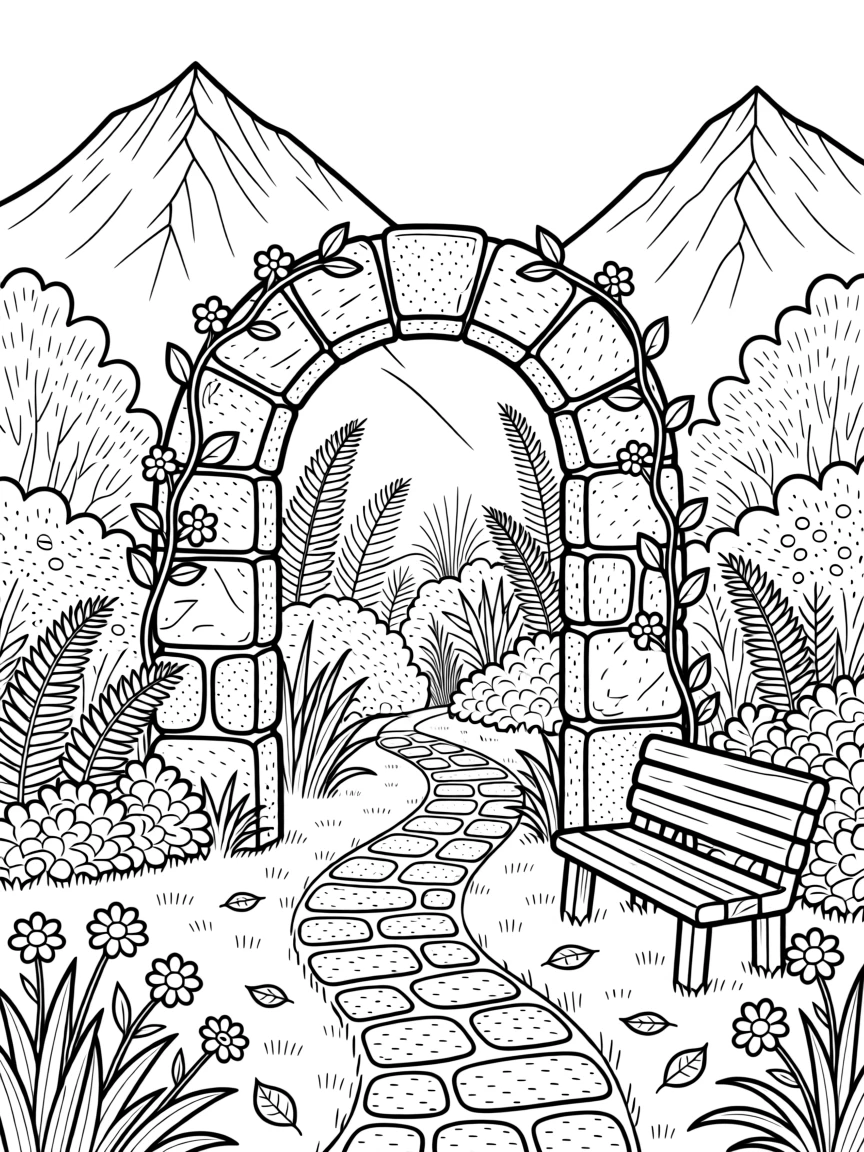 A stone archway leading into an overgrown secret garden, with jagged peaks rising in the background.