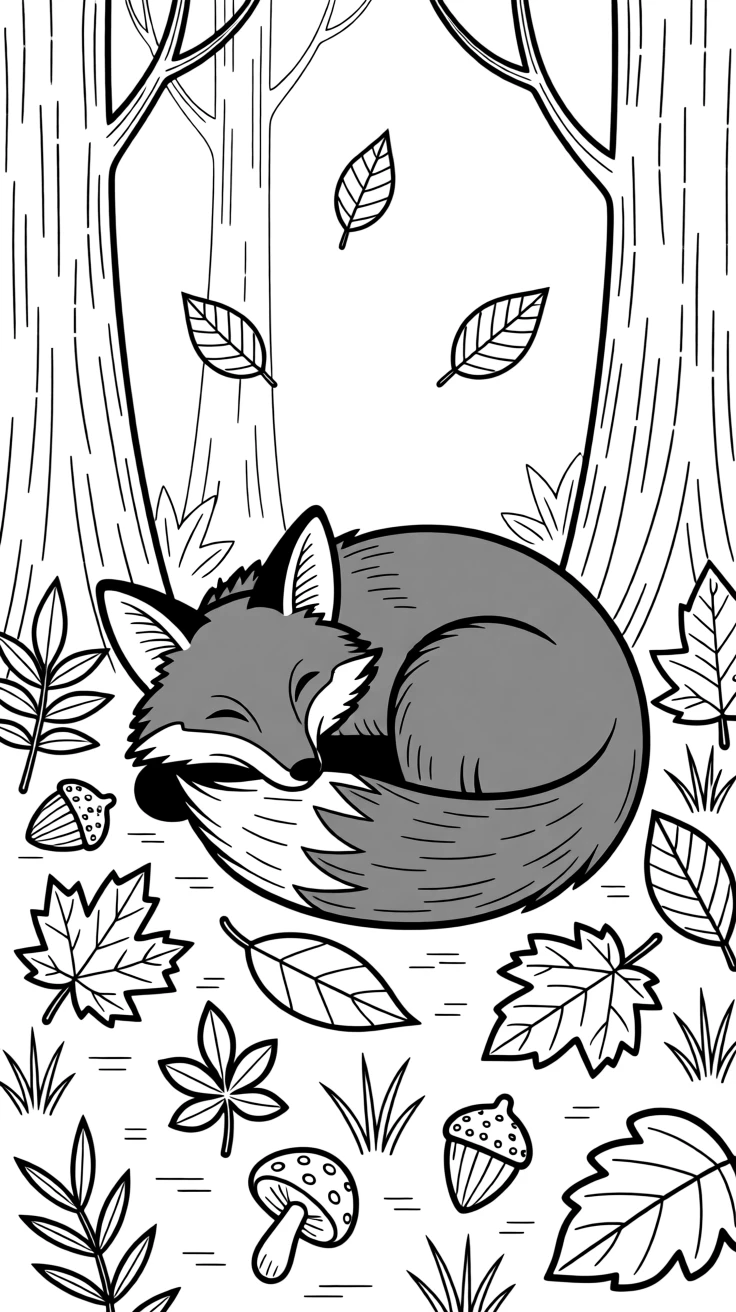 A red fox curled up asleep among fallen autumn leaves.