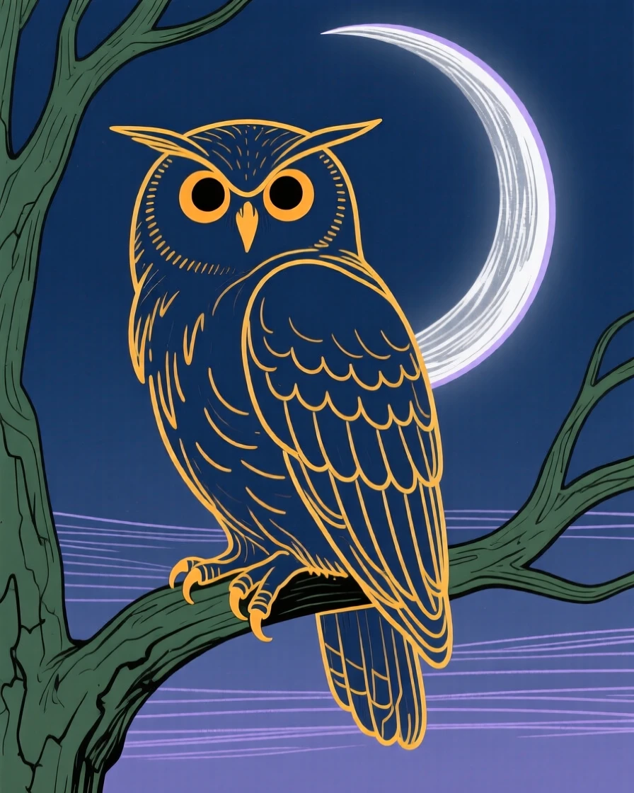 An owl perched silently on a moonlit branch.