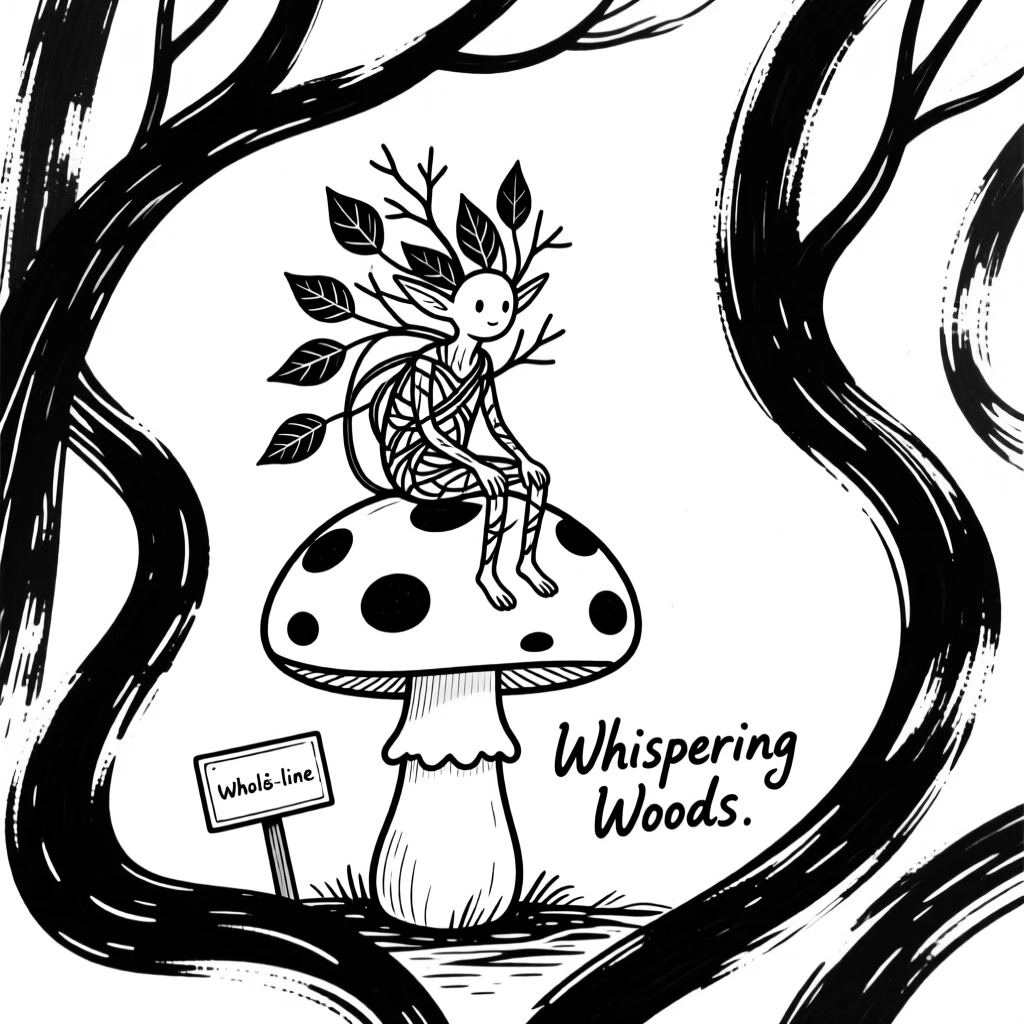 A tiny forest spirit made of leaves and twigs, sitting on a toadstool.