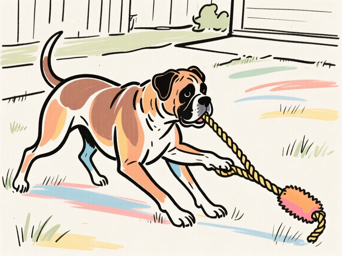 A Boxer dog playing tug-of-war with a rope toy in a yard.