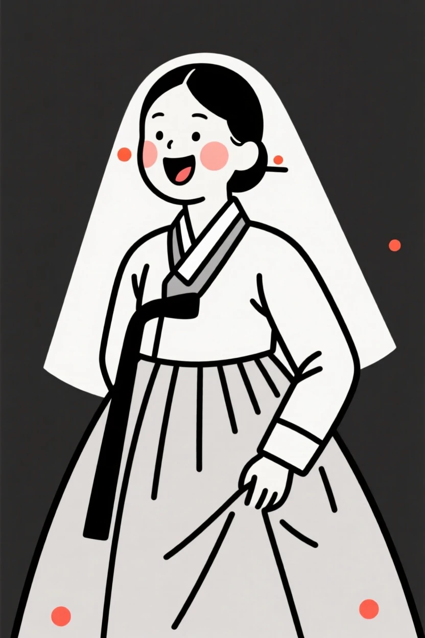 A bride wearing a Korean hanbok, bursting with excitement.