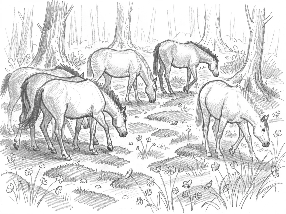 A herd of wild mustangs exploring a mossy forest floor, among scattered wildflower petals.