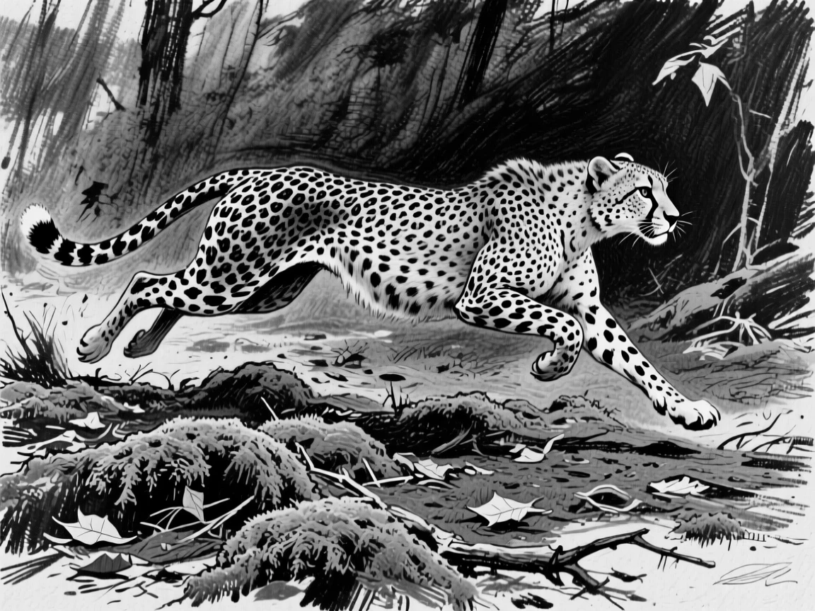 A cheetah mid-sprint exploring a moss-covered forest floor.